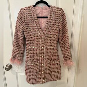 Pink Tweed Vintage Long Sleeve Mini Dress - XS/S